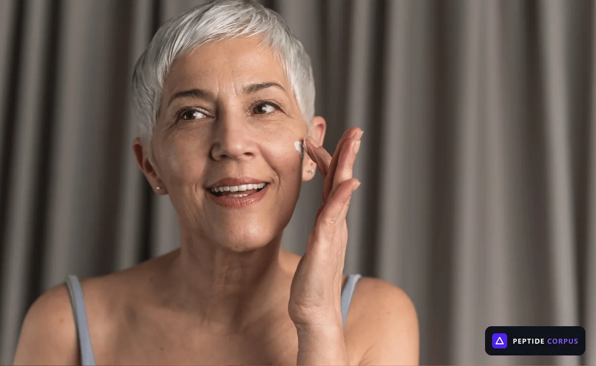 A woman with short white hair, smiling and touching a small amount of white cream to her cheek with two fingertips.