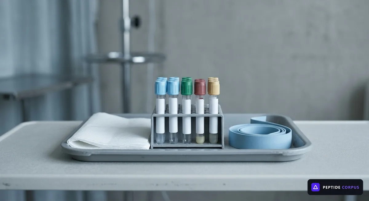 Four capped blood collection tubes with coloured stoppers lying in a stainless steel tray beside a folded gauze square.