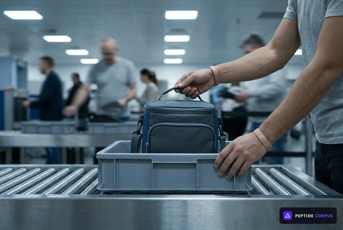 An open insulated pouch lying in a grey airport security tray on a conveyor belt, vials and a gel pack visible inside.