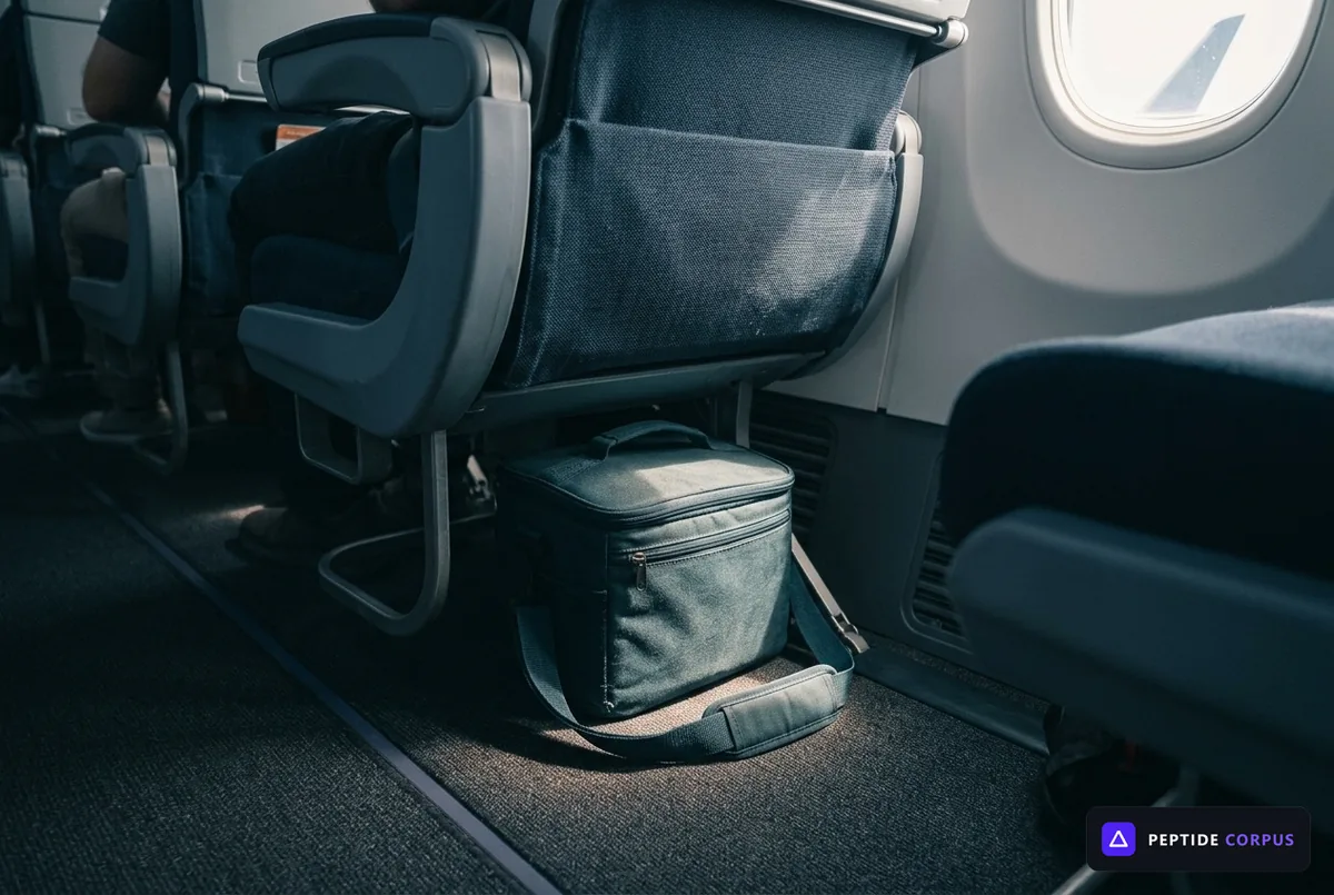 A soft insulated bag stowed in the footwell under an aircraft seat, the cabin aisle out of focus behind it.