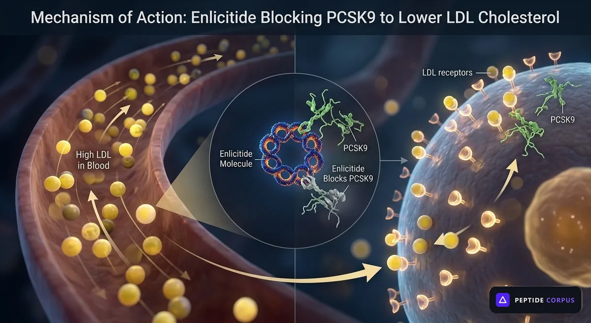 An illustrated diagram titled Mechanism of Action, showing LDL particles in a blood vessel on the left, an inset of the enlicitide molecule binding PCSK9 in the centre, and LDL receptors on a liver cell taking up LDL on the right.