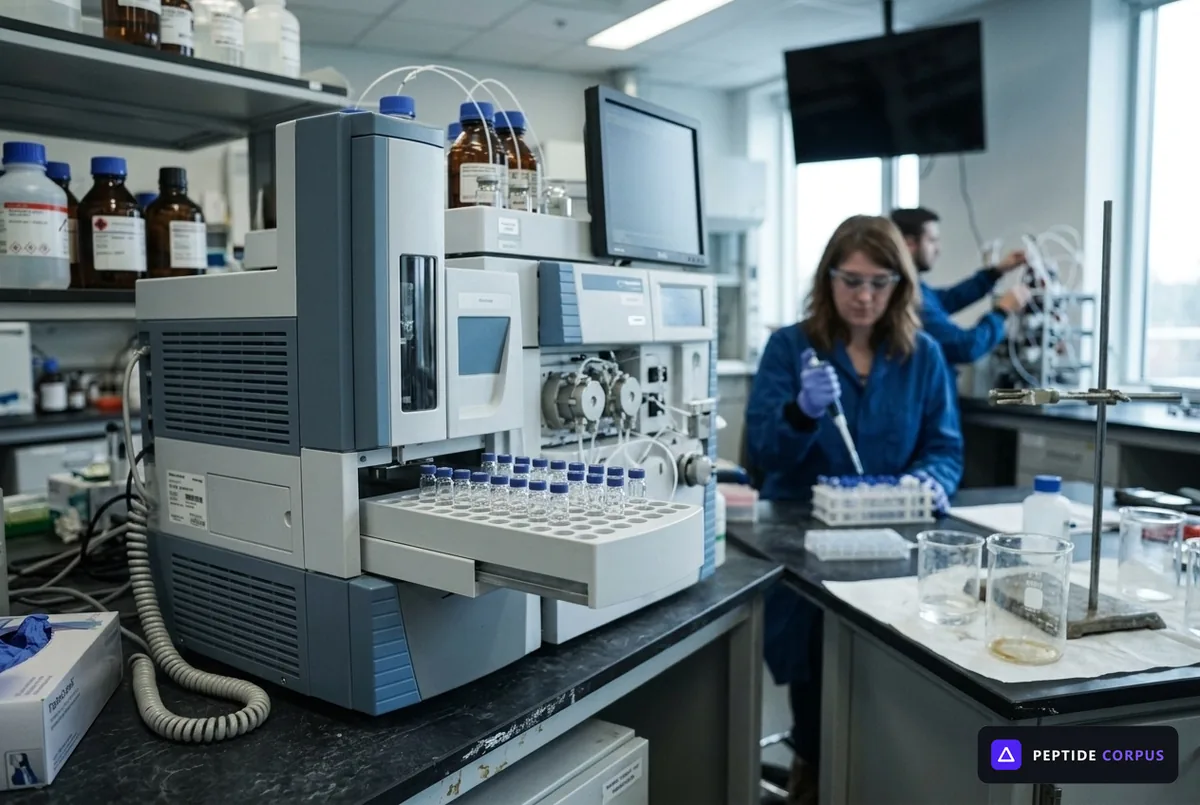 An analyst in a white coat standing at a reversed-phase HPLC system, one hand on the solvent manifold, the chromatogram on the monitor beside them.