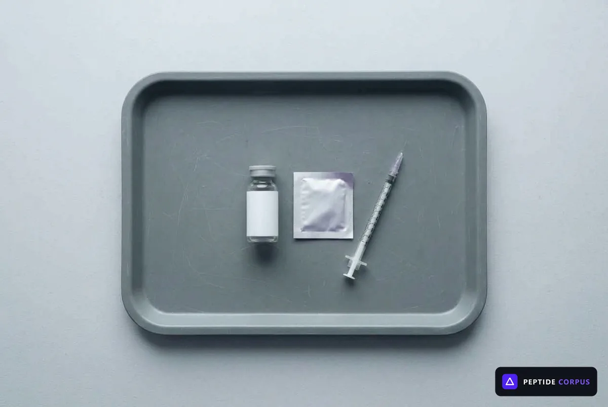 A grey tray on a pale surface holding a capped vial, a sealed alcohol swab and an insulin syringe, arranged in a row.
