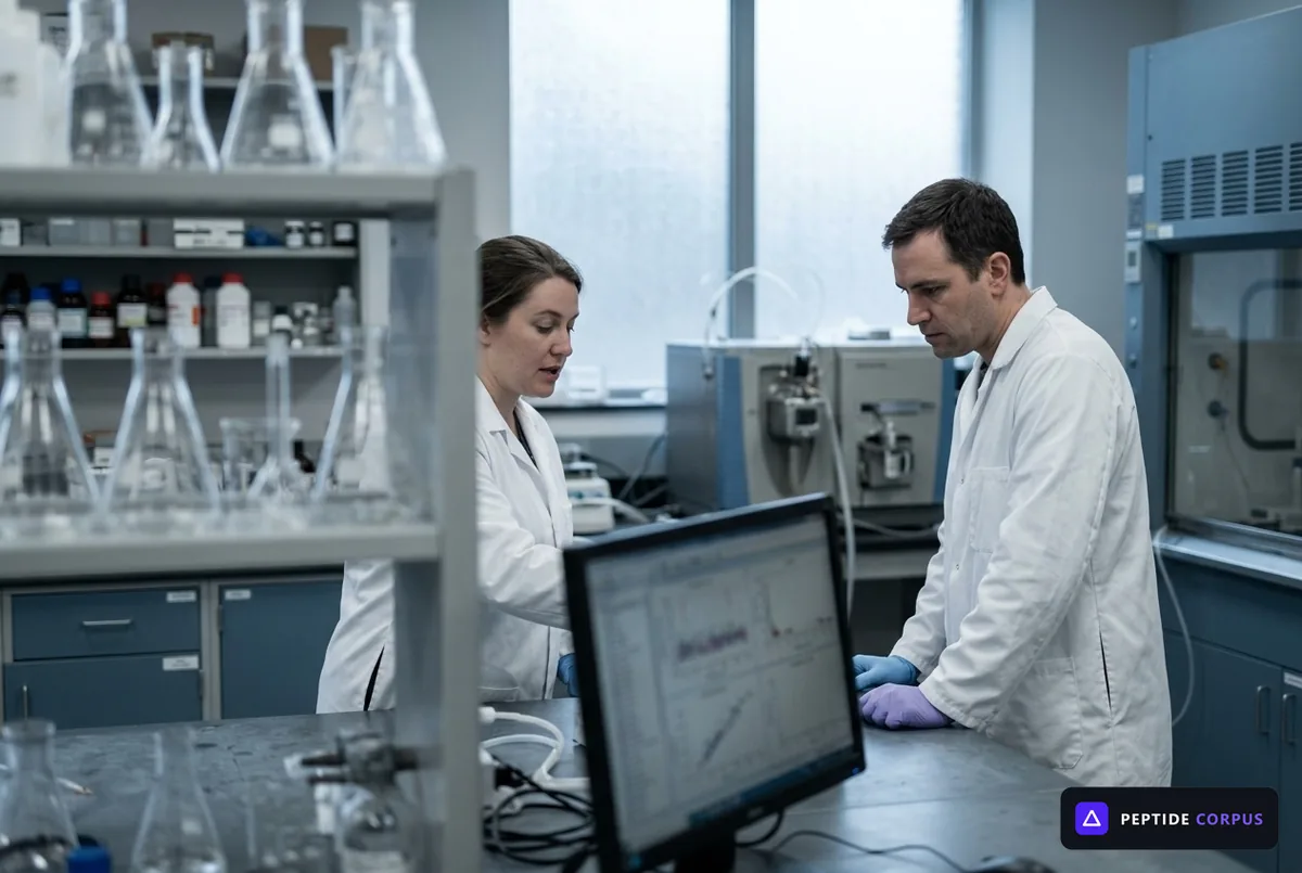 Two analysts in white coats standing at a laboratory bench, reading chromatography traces on a monitor.