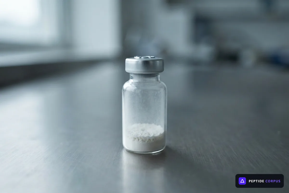 A small clear glass vial with a crimped aluminium cap, holding a shallow layer of white lyophilised powder, standing on a brushed steel bench.