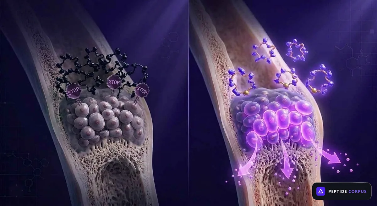A two-panel illustration of a growing bone. On the left, dark tangled molecules hold stop signs against the growth plate and the cartilage cells are pale and static. On the right, ring-shaped violet peptide molecules are present instead, the growth-plate cells are lit and stacked in columns, and arrows show growth proceeding down into the bone.