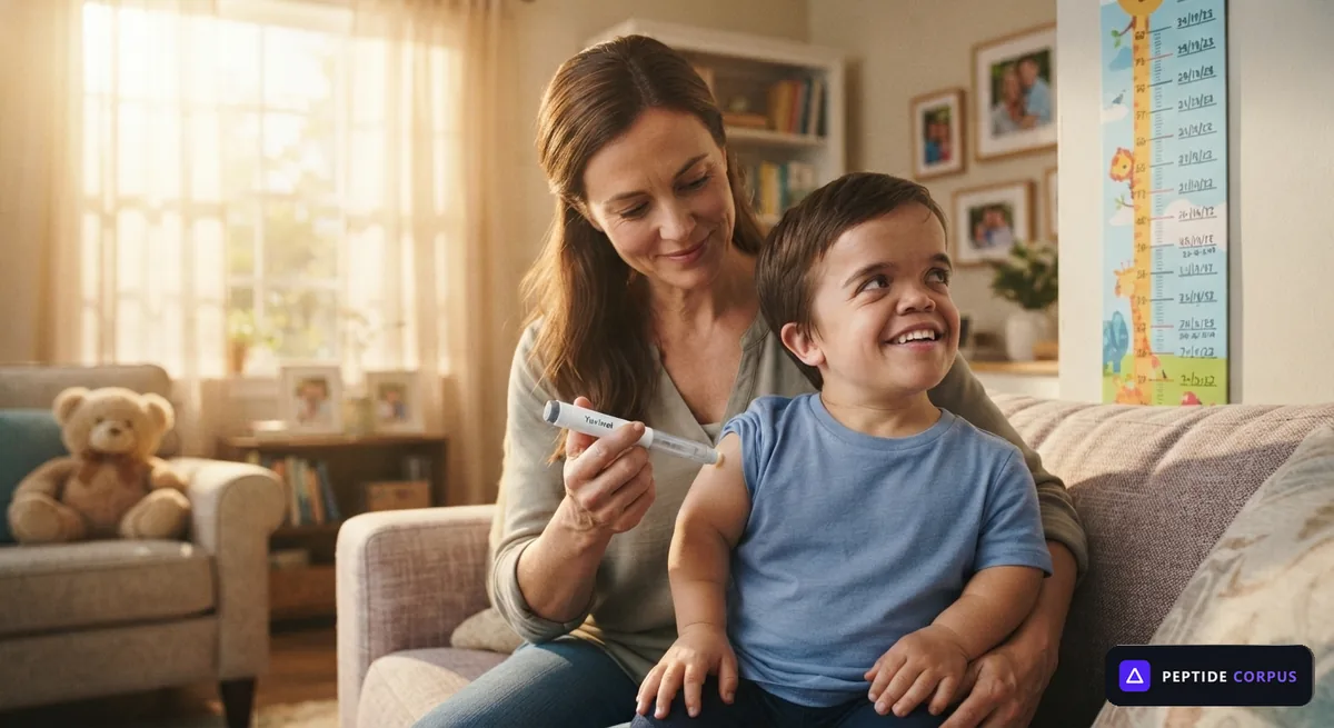 A parent sitting on a sofa with a young child on her lap, holding a subcutaneous injection pen against the child's upper arm. A colourful height chart marked with dated pencil lines hangs on the wall behind them.