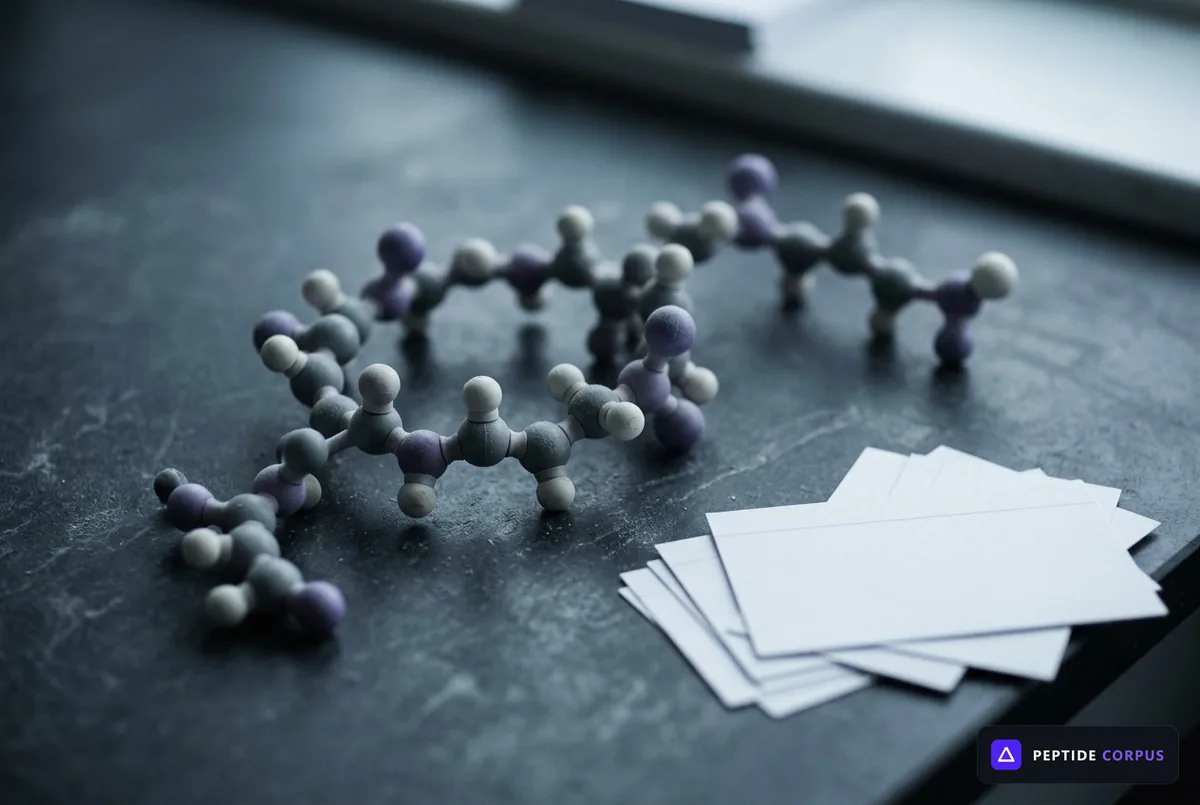 A ball-and-stick molecular model of a short peptide chain lying on a dark slate bench beside a stack of blank index cards.