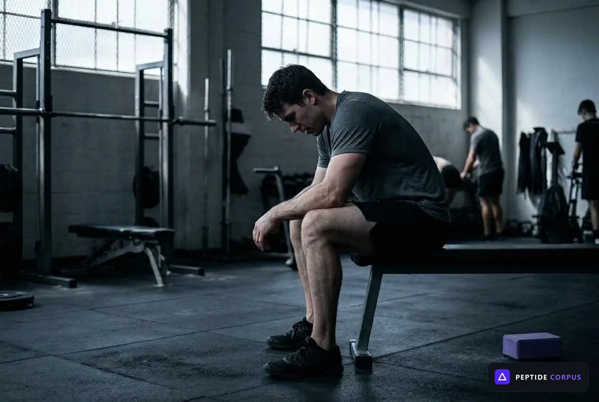 A person sitting on the end of a weights bench between sets, forearms on their knees, the rest of the gym floor out of focus behind them.