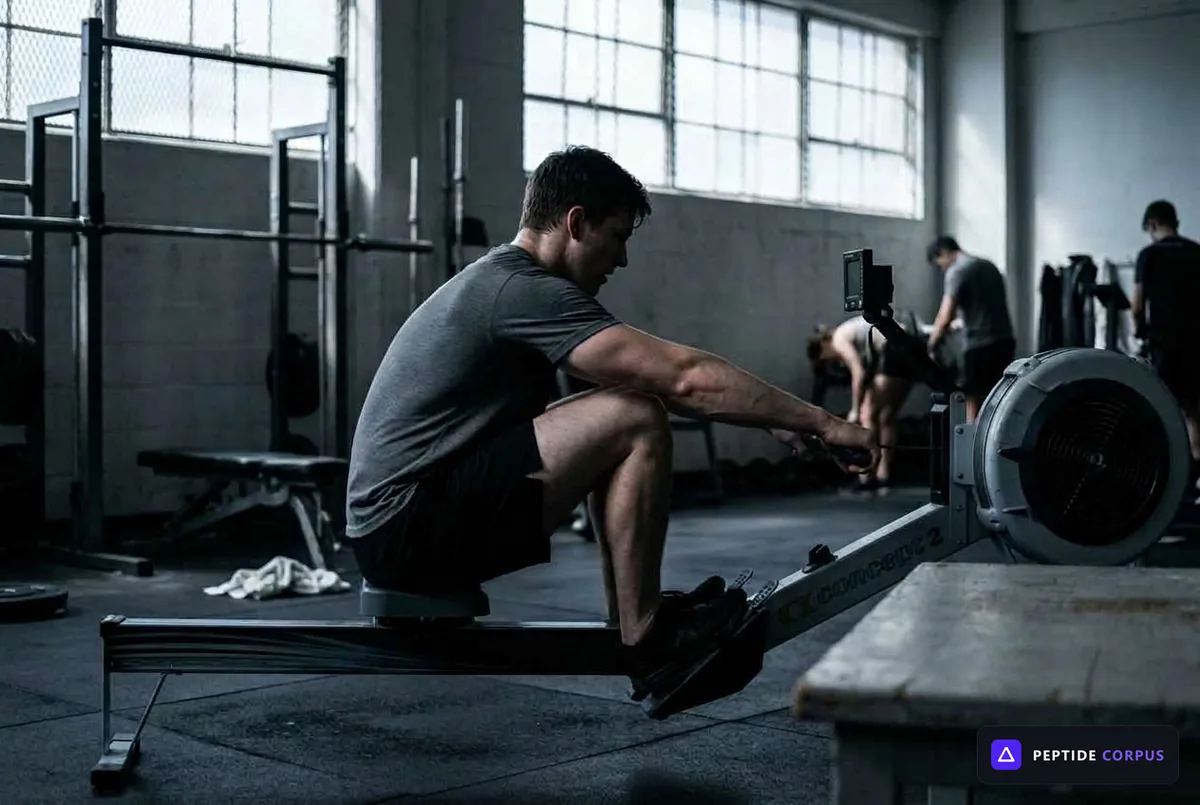 A rower mid-stroke on an indoor rowing machine in a gym, the monitor's display bright against a dim background.