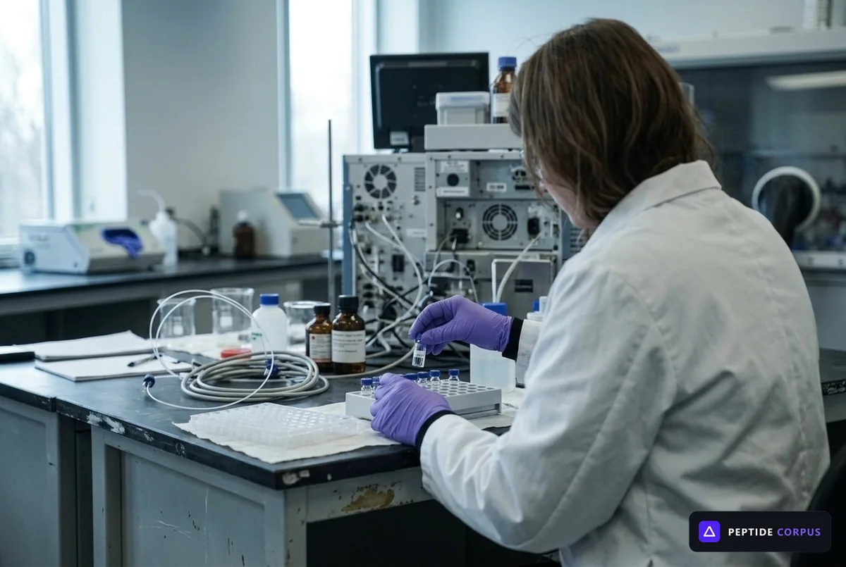 Gloved hands lowering a rack of small amber autosampler vials into an HPLC autosampler tray.