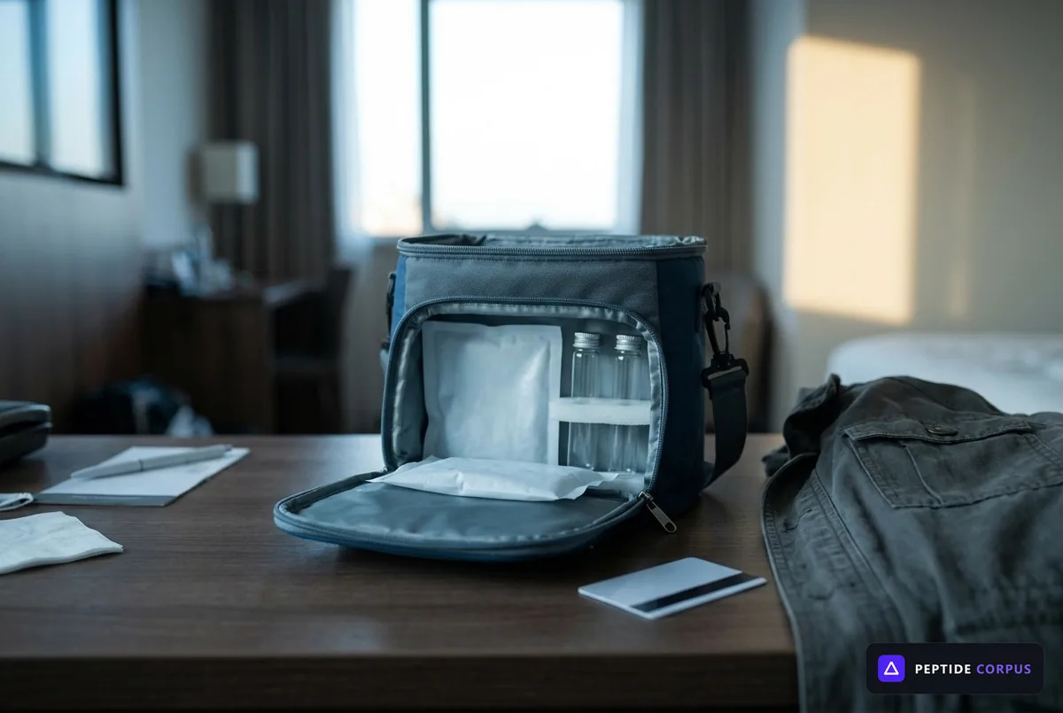 A small insulated cooler bag open on a hotel desk, holding two capped vials upright in foam beside a flat gel pack.