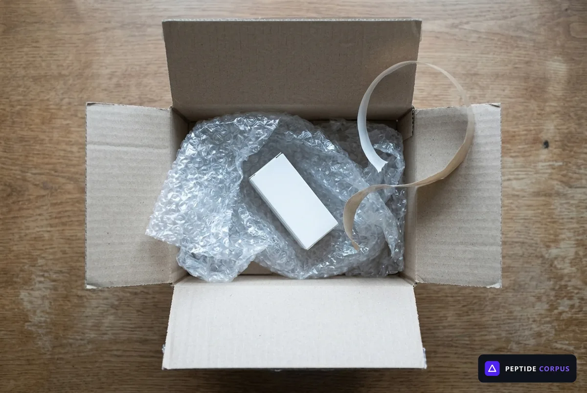 An opened cardboard shipping box on a kitchen counter, packing material pushed aside, a small unlabelled carton visible inside.