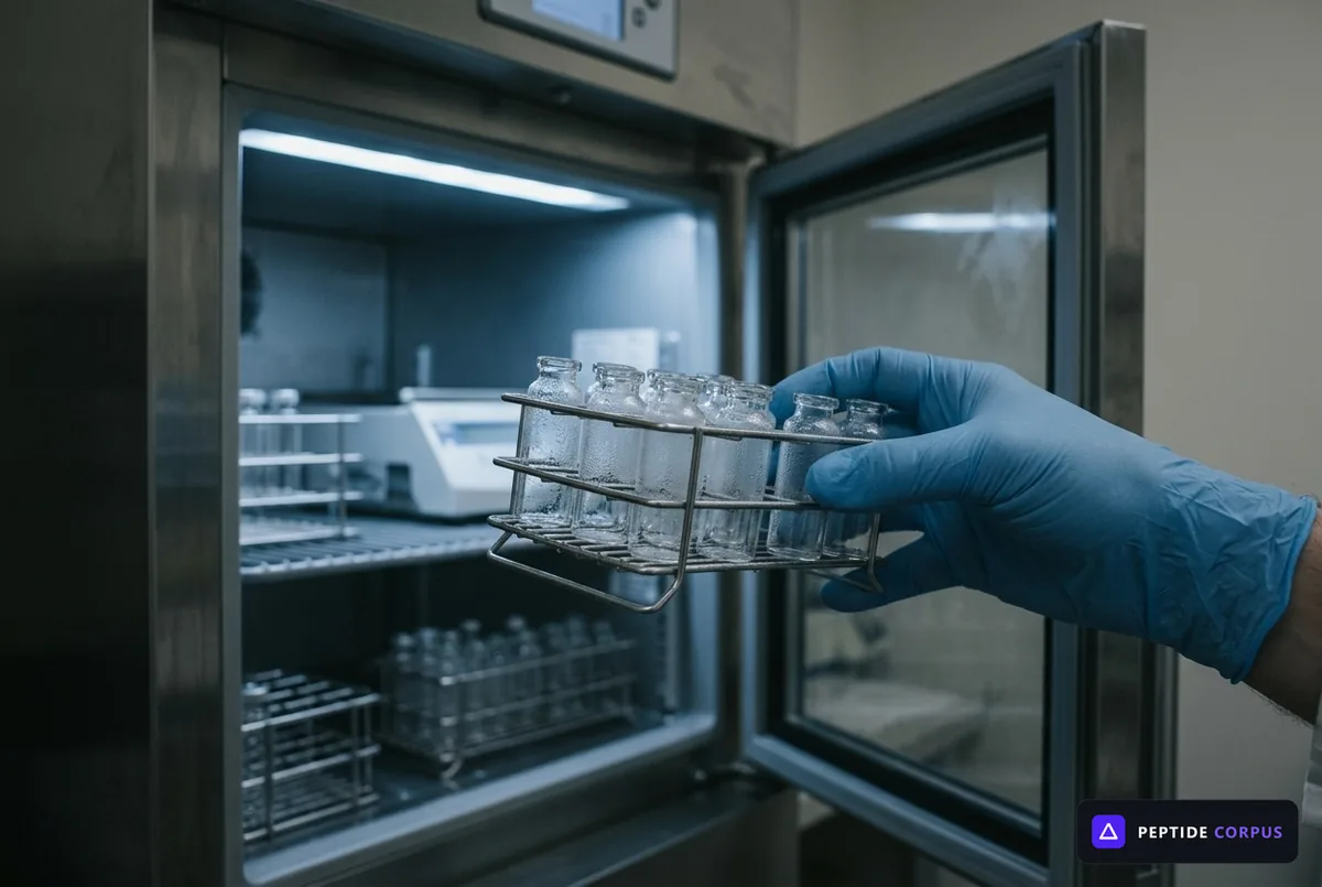 Rows of capped glass vials standing on wire shelving inside a lit refrigerated cabinet.