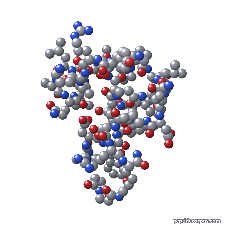 Space-filling 3D model of CJC-1295 no-DAC, carbon grey, nitrogen blue, oxygen red