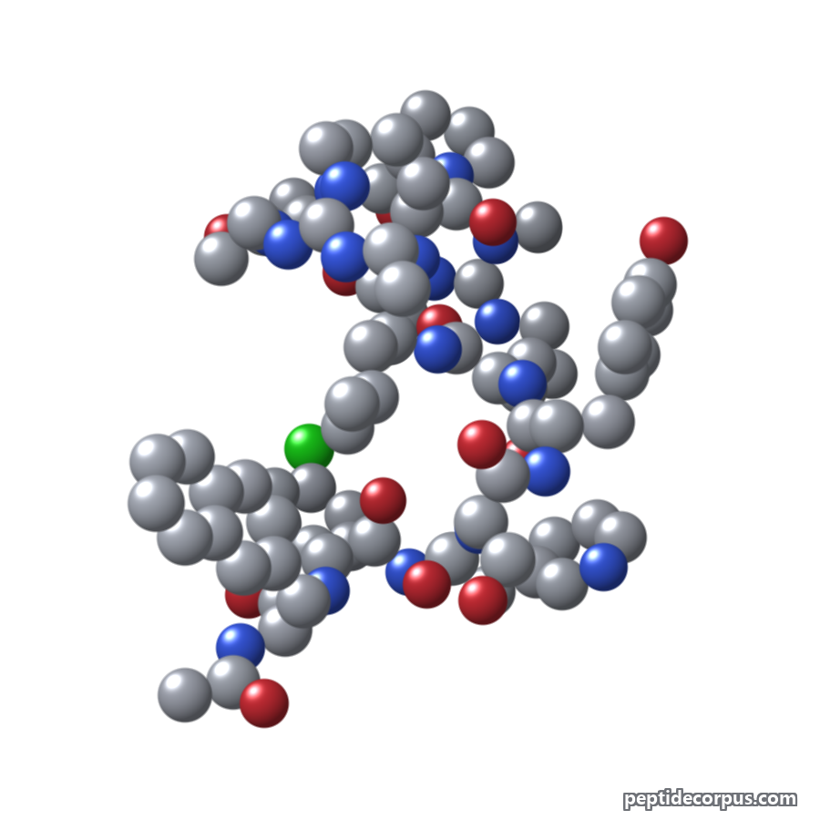 Space-filling 3D model of Ganirelix, carbon grey, nitrogen blue, oxygen red