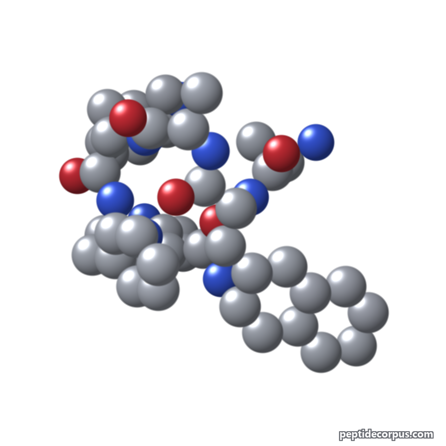 Space-filling 3D model of GHRP-2, carbon grey, nitrogen blue, oxygen red