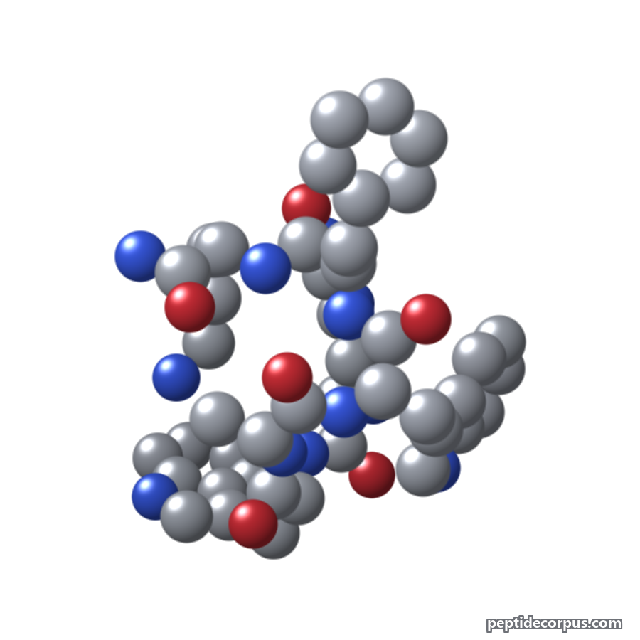 Space-filling 3D model of GHRP-6, carbon grey, nitrogen blue, oxygen red