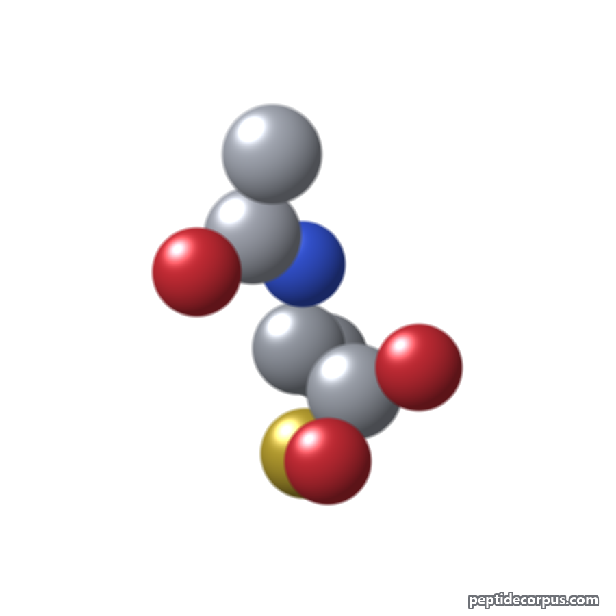 Space-filling 3D model of N-Acetylcysteine (NAC), carbon grey, nitrogen blue, oxygen red