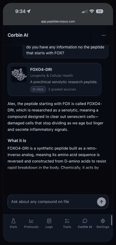A recording of Corbin AI on a phone. Asked about the peptide starting with FOX, it answers with a card for FOXO4-DRI showing its domain, an in vitro evidence chip and two graded sources, then explains what the compound is in prose beneath.
