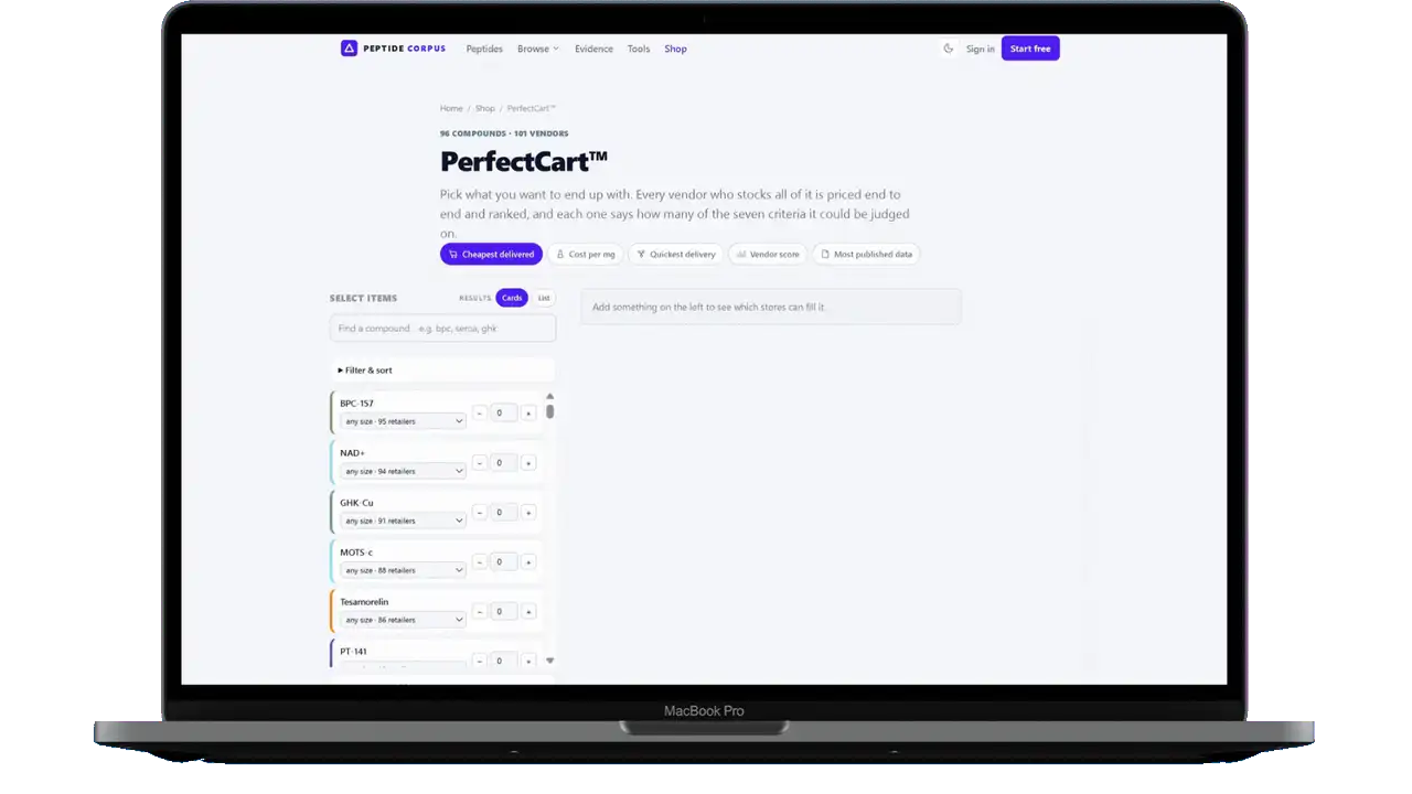 A screen recording. Compounds are picked from a list on the left; the column on the right fills with stores ranked by what the whole basket would cost delivered, each with a checkout button. One is chosen, and the recording ends in that store's own basket with the chosen items in it.